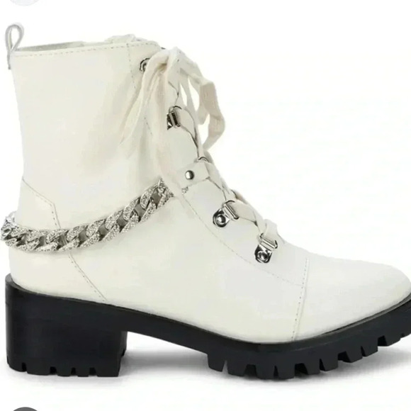 [9.5US] KARL LAGERFELD White Leather Patrice Chain-Detailed PlatformCombat Boots - Picture 1 of 12